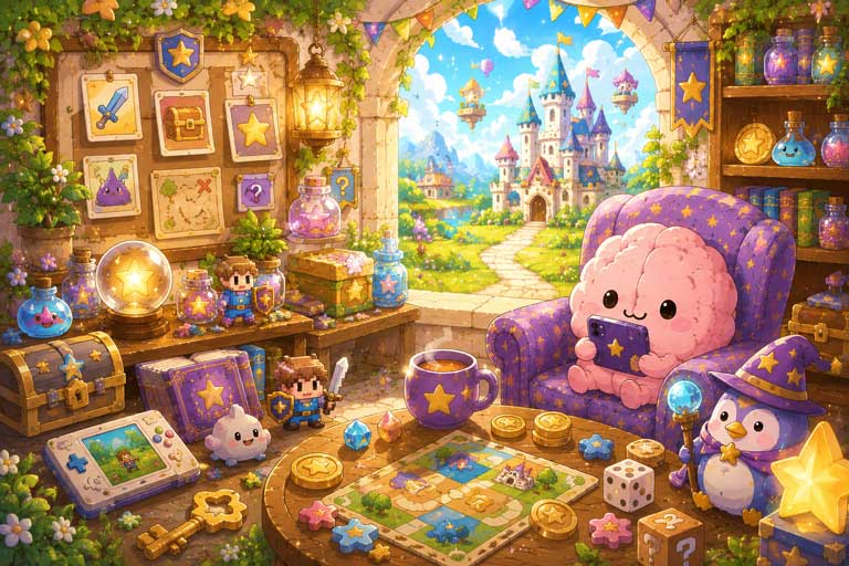 ソファでくつろぐGAME ARCのキャラクターと魔法の部屋