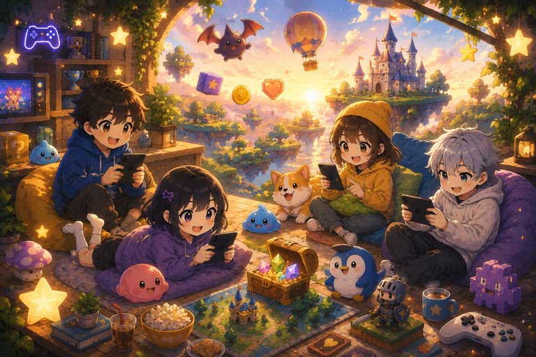夕暮れの魔法世界でみんなでゲームを楽しむGAME ARCの仲間たち